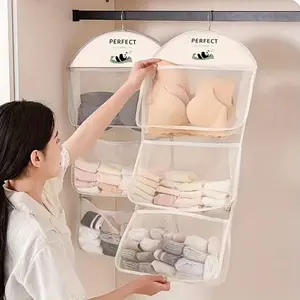 Space-Saving Three-Tier Hanging Sock Organizer Bag with Pockets, Fabric Mesh Storage Bag for Dorms & Home Wall Mounting, Multi-Layer Sorter