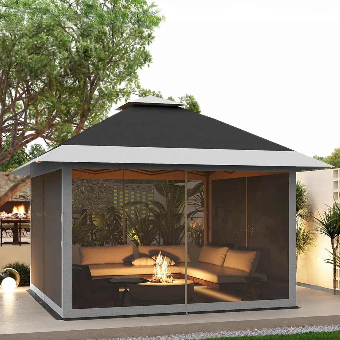 【SummerVibes】GARVEE 13x13 Pop Up Gazebo Outdoor Canopy Shelter with Mosquito Netting 4 Stanbags Instant Gazebo Tent for Lawn, Garden, Backyard Deck (Charcoal Gray + Light Gray)