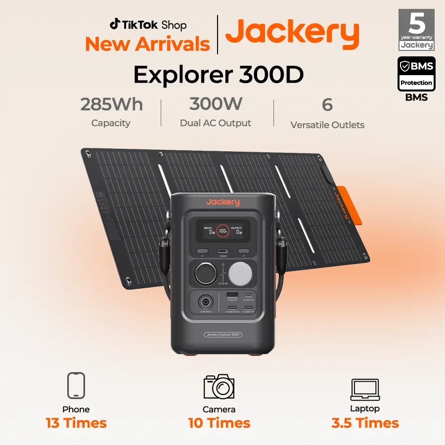 [Opening Ceremony]  Jackery Explorer 300D Portable Power Station With 40W Solar Panel , 285Wh LiFePO4 Battery , 300W Output with Multi-Device Charging, Fast Recharge, Compact Power Solution for Outdoor & Emergency Use