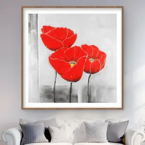 Begin Home Decor C1FM48480HAQKT 48 x 48 in. Three Poppies - Framed Matted Botanical Print Wall Art for Home Decor