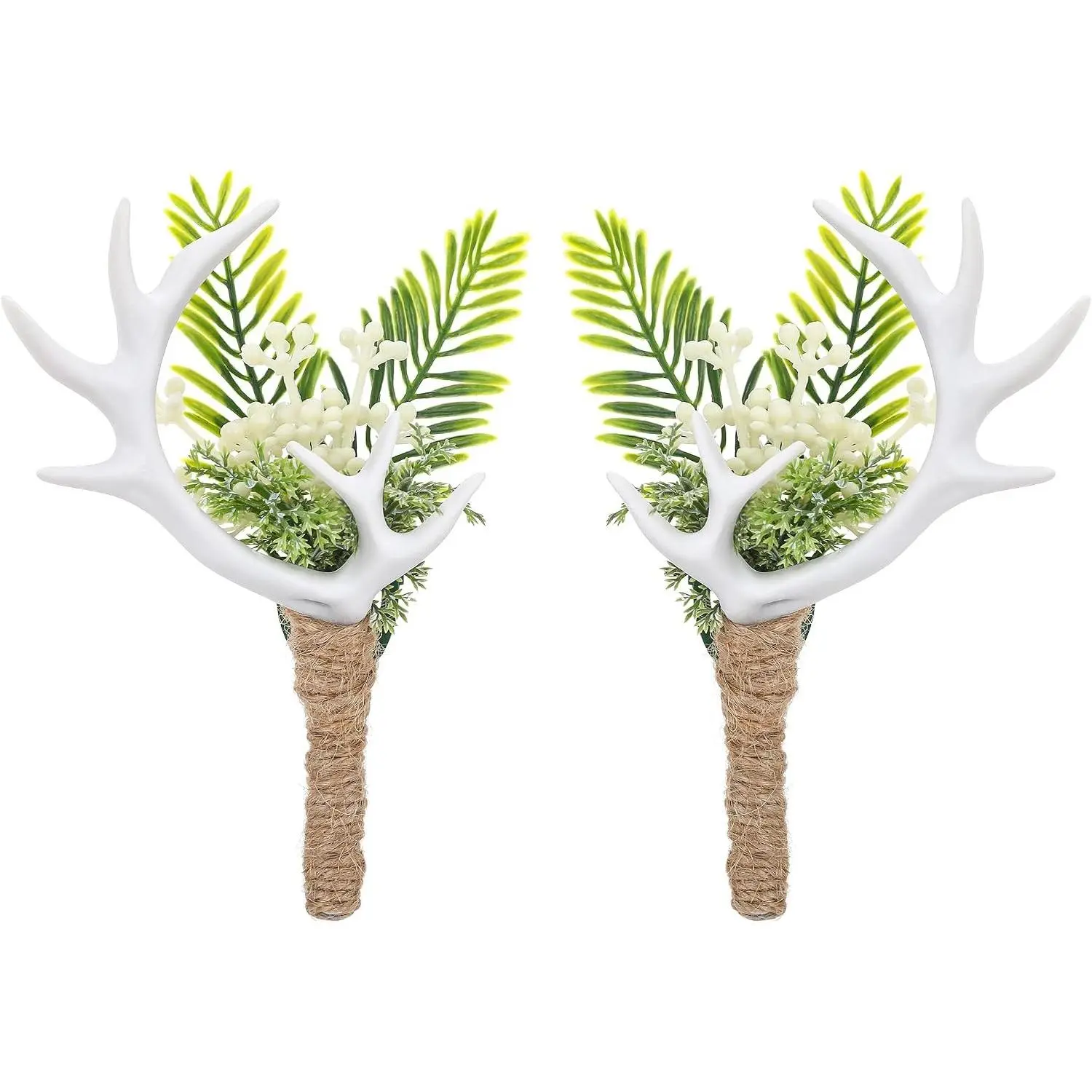 2PC Handmade Greenary Corsage White Antler Boutonniere Set for Men Groom Groomsmen for Wedding Formal Dinner Party Ceremony Anniversary Prom
