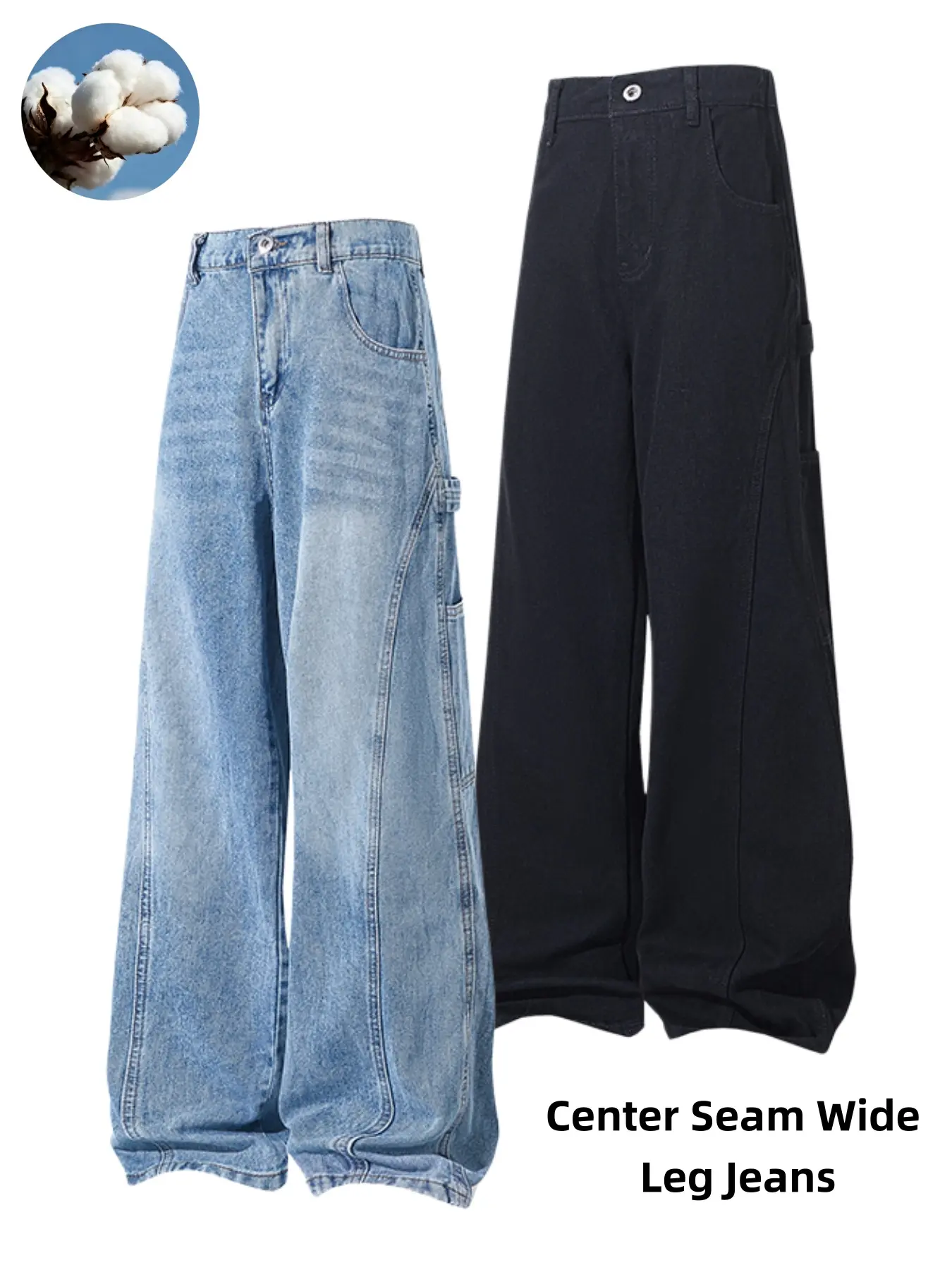 Men's Center Seam Wide Leg Jeans, Vintage Washed Panel Cargo Baggy Denim Pants, Side Tool Pocket Loose Streetwear Trousers, Elastic Back Waist Oversized Casual Denim Bottoms For Skater Hip Hop Urban Daily Outfits