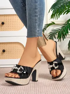 Women's Zebra Print High Heel Higher Platform Sandals, Elegant Square Toe Patchwork Design, Artificial Leather Upper, Cone Heel, Medium Width, Less Than Ankle Height, Footwear