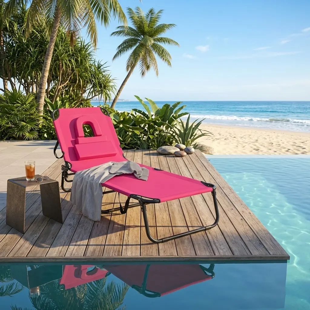 5-Position Adjustable Height Metal Beach Chaise Lounge Chair - Folding Patio Furniture, Armless Sturdy Reclining Lounger with Face Hole, Detachable Pillows, Portable for Pool, Sun Tanning, Antislip Pads