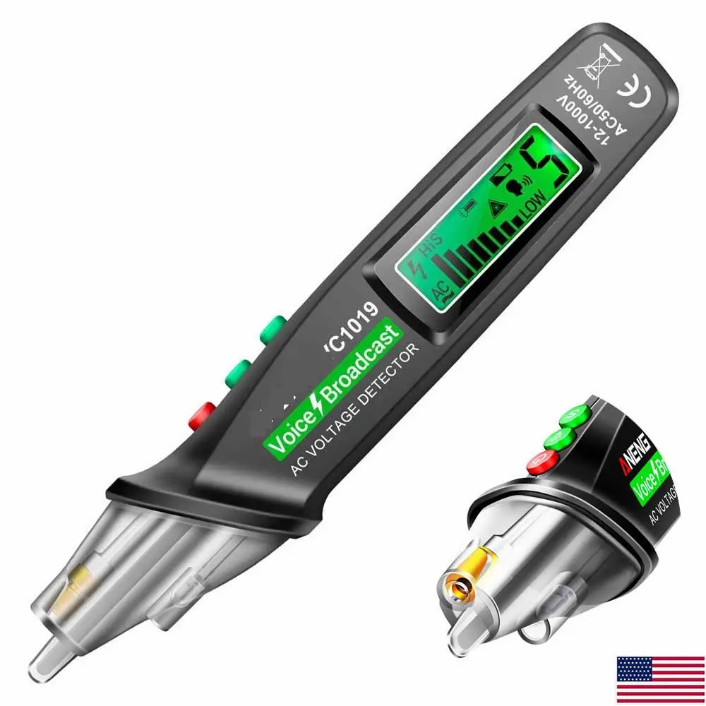 AC 12-1000V Non Contact Voltage Test Pen, Smart Voice Broadcast Voltage Detector with Infrared Positioning, 5-Speed Sensitivity Adjustment Backlit LCD & Built-in LED Flashlight