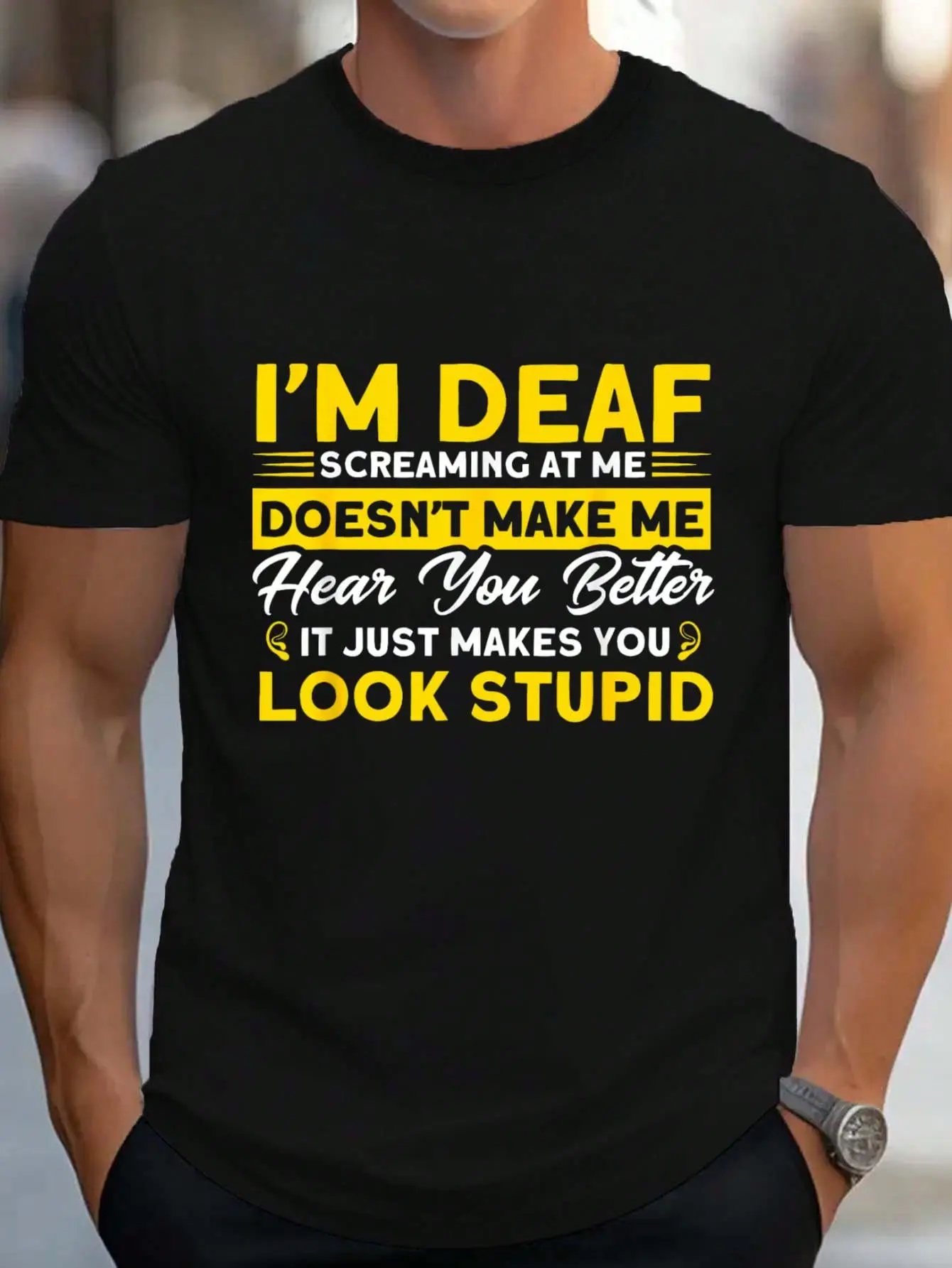 Men's 100% Cotton Deaf Sign Language Graphic T-Shirt - Crew Neck, Casual Streetwear Top, "I'm Deaf - Don't Scream At Me" Print, Summer Wear