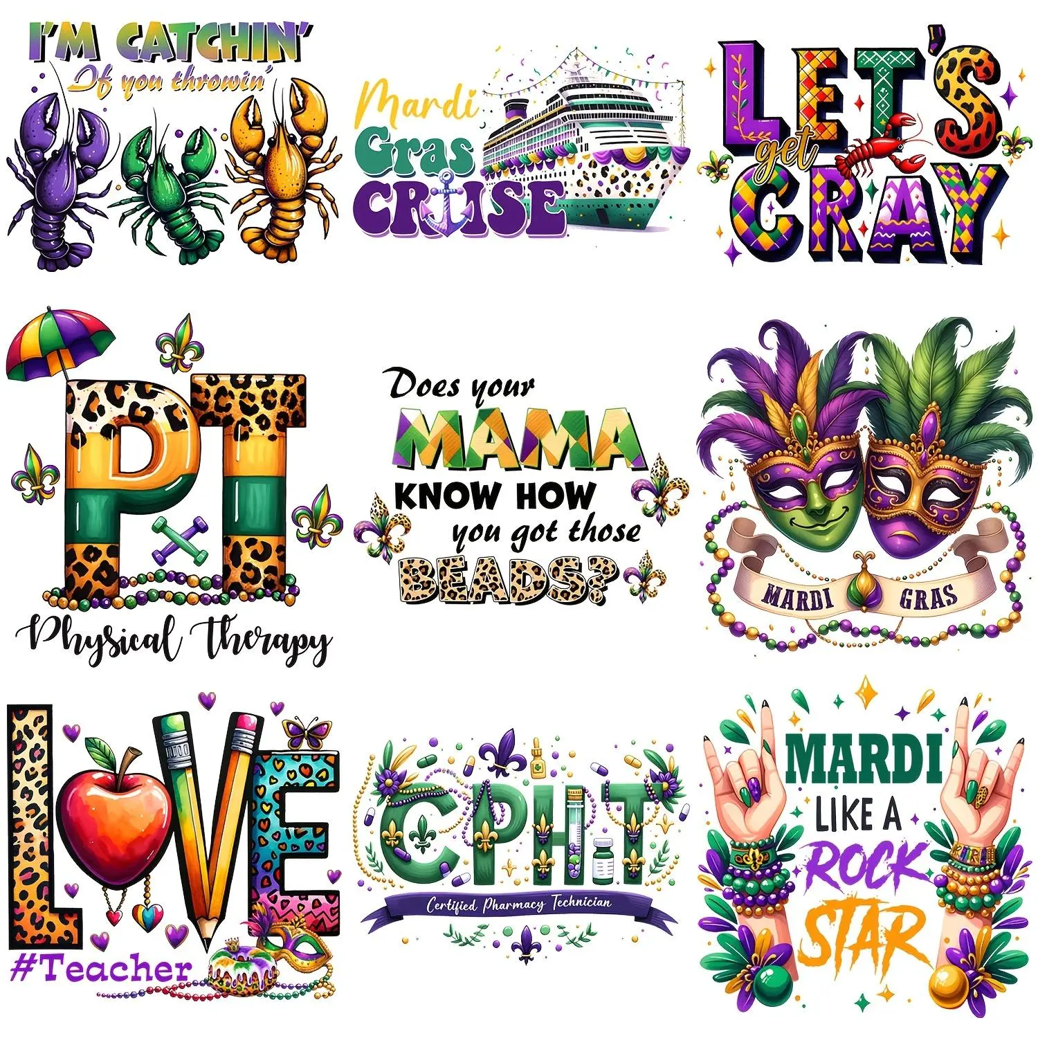Carnival & Parade Themed Iron-on Heat Transfer Decals, 9 Counts/set DIY Washable Patches for T-shirts, Jeans, Backpacks, Hats & Pillows