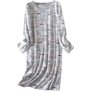 Women's Cotton Sleepwear Long Sleeves Nightgown Print Tee Sleep Dress Loungewear Womenswear