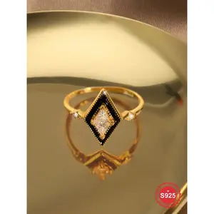Fashion Vintage Geometric Rhombus Design Ring, Artificial Zircon Decor Ring, Fine Jewelry Accessories for Women