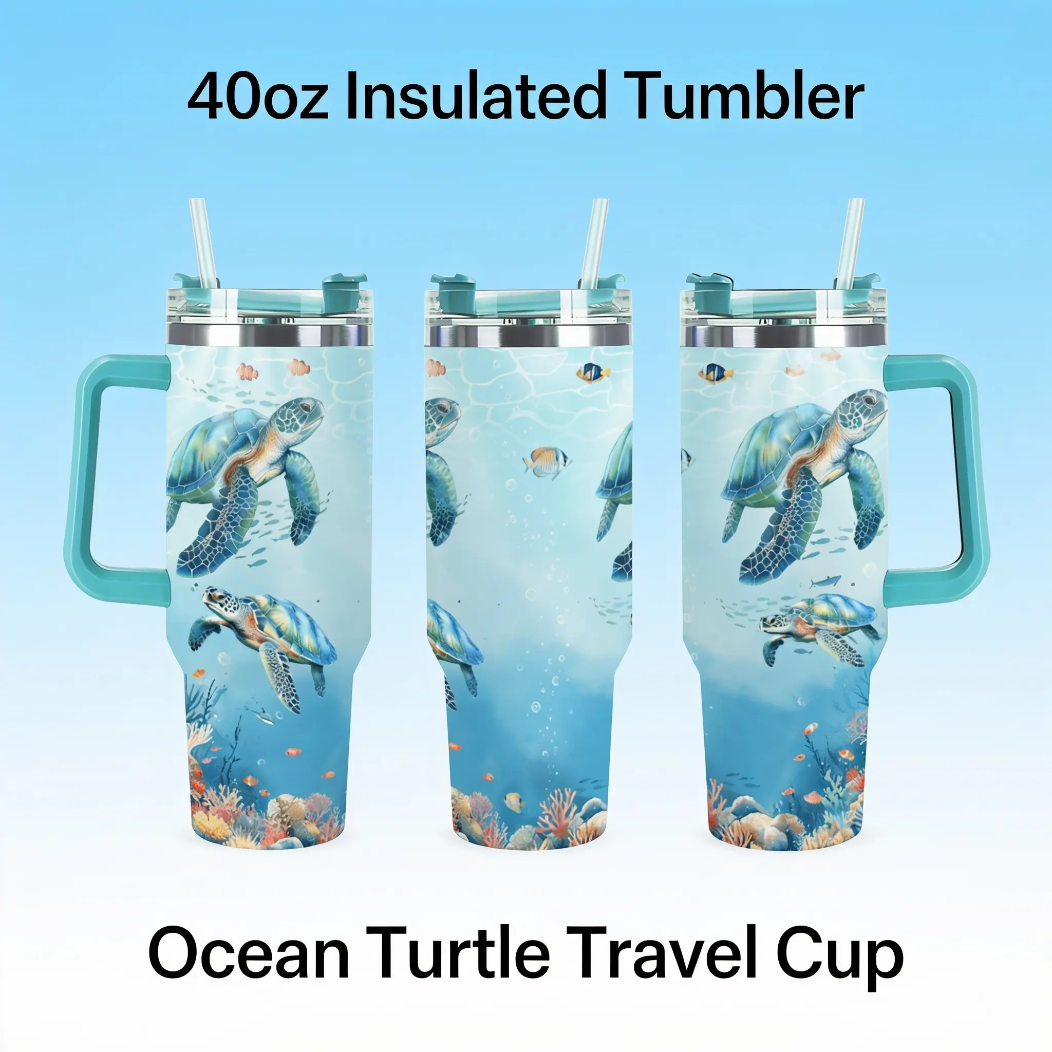 Tropical Underwater Sea Turtle Coral Fish 20oz 40oz Insulated Tumbler with Handle, Stainless Steel Travel Coffee Cup with Lid Straw, Realistic Ocean Scenery Print, Reusable Cold Drink Cup for Summer Vacation Diving Beach Party