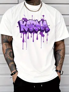 Graffiti Style for KARMA Letter Print Dripping Purple Ink Splatter Graphic Tee Men's Fashion Streetwear Casual Trendy Adult Men Summer Daily Wear