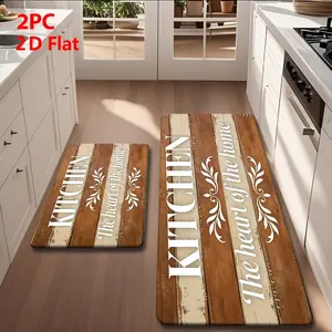 2/3pcs Soft Flannel Kitchen Mat Set, Vintage Wood Grain & Scroll Pattern, Non-Slip, Absorbent, Rustic Farmhouse Style