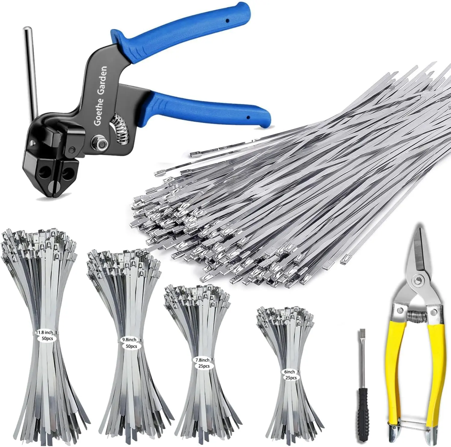 Stainless Steel Cable Tie Gun Set, with 150PCS Metal Zip Ties (Includ 6, 7.8, 9.8, 11.8 Inch), Adjustable Fastening Cutting Tie Tool Sets for Fencing, Exhaust Pipes, Automotive