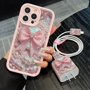 Bowknot Pattern Phone Case with Charger Saver & Cable Protector & Storage Rope, Anti-drop Cellphone Protective Case, Total Protective Shockproof Mobile Phone Cover for iPhone, Casing