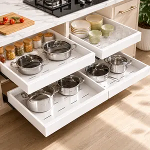 Pull Out Cabinet Shelf Organizer for Kitchen, Expandable Slide Out Drawer with Dish Drying Rack, Adhesive or Screw Mount Cabinet Storage Solution