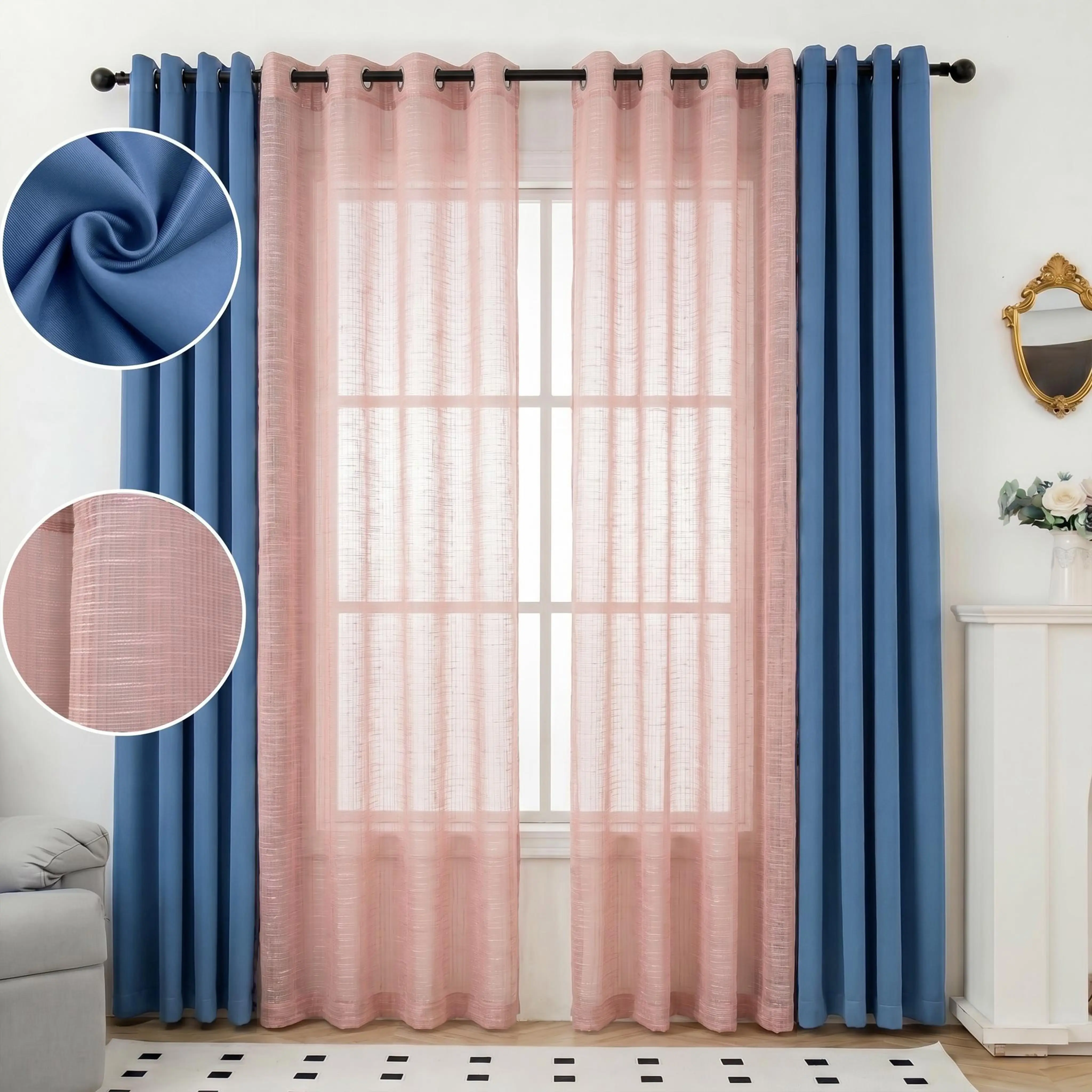 8 PANELS 52"x95"Combination Grommets Curtains.Including:4 PANELS Full Solid Blackout Curtains & 4 PANELS Bamboo texture Yarn Semi Shher  Curtains.Window Curtains for Bedroom, Living Room   FT2599 L12 Summer gift #SummerVibes