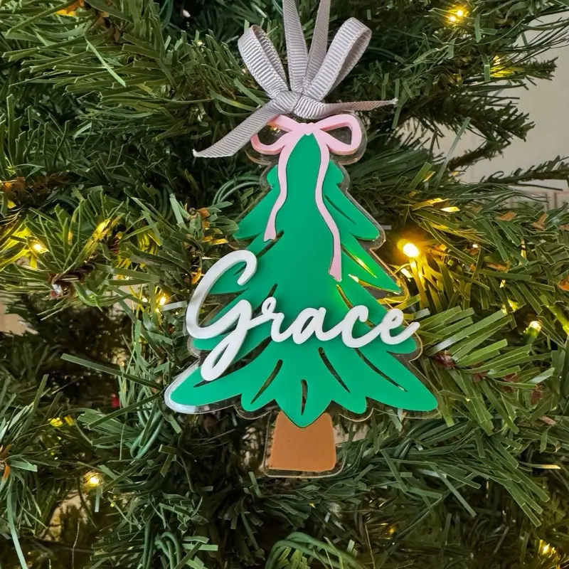 Christmas Tree Ornament with Bow Custom Name Option Available 2 Layers of 1/8" Cast Acrylic Personalized Decoration