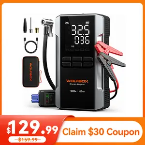 WOLFBOX 4000A Jump Starter with 160PSI Air Compressor, 12V Car Battery Booster, 65W Fast Charge, 88.8Wh Portable Tire Inflator, LED Display for 10L Gas & 10L Diesel Engines, LED Light, Jumper Cables