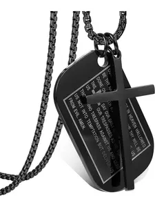Stainless Steel Dog Tags Cross Necklaces for Men, Prayer Cross Necklace, Military Rolo Chain, 3mm Thick, 24 Inch Long, Letters Necklace, Cross Charm Necklace, Cross Design