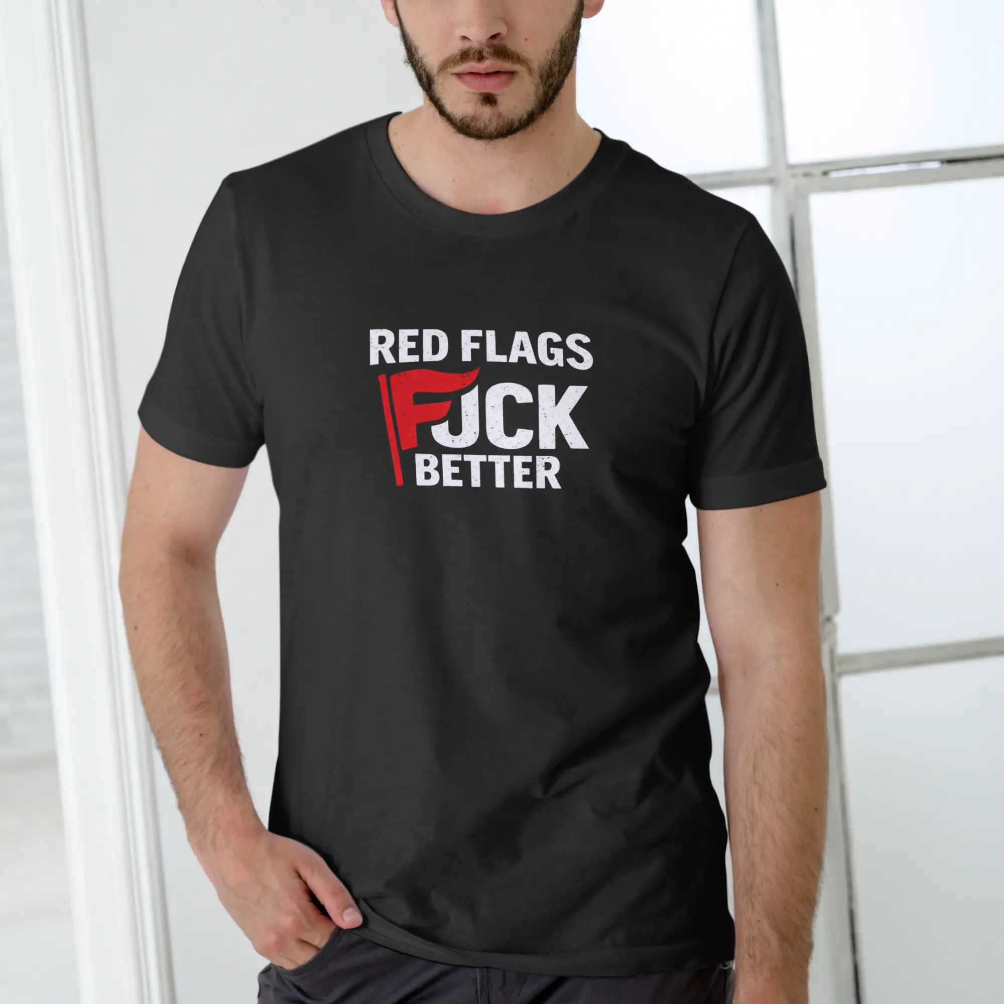 Men's Cotton Short-Sleeve T-Shirt - Funny Red Flags Graphic, Streetwear, Relaxed Fit, Casual Classic Style, Breathable Fabric, Tee, Shortsleeve, Tshirt