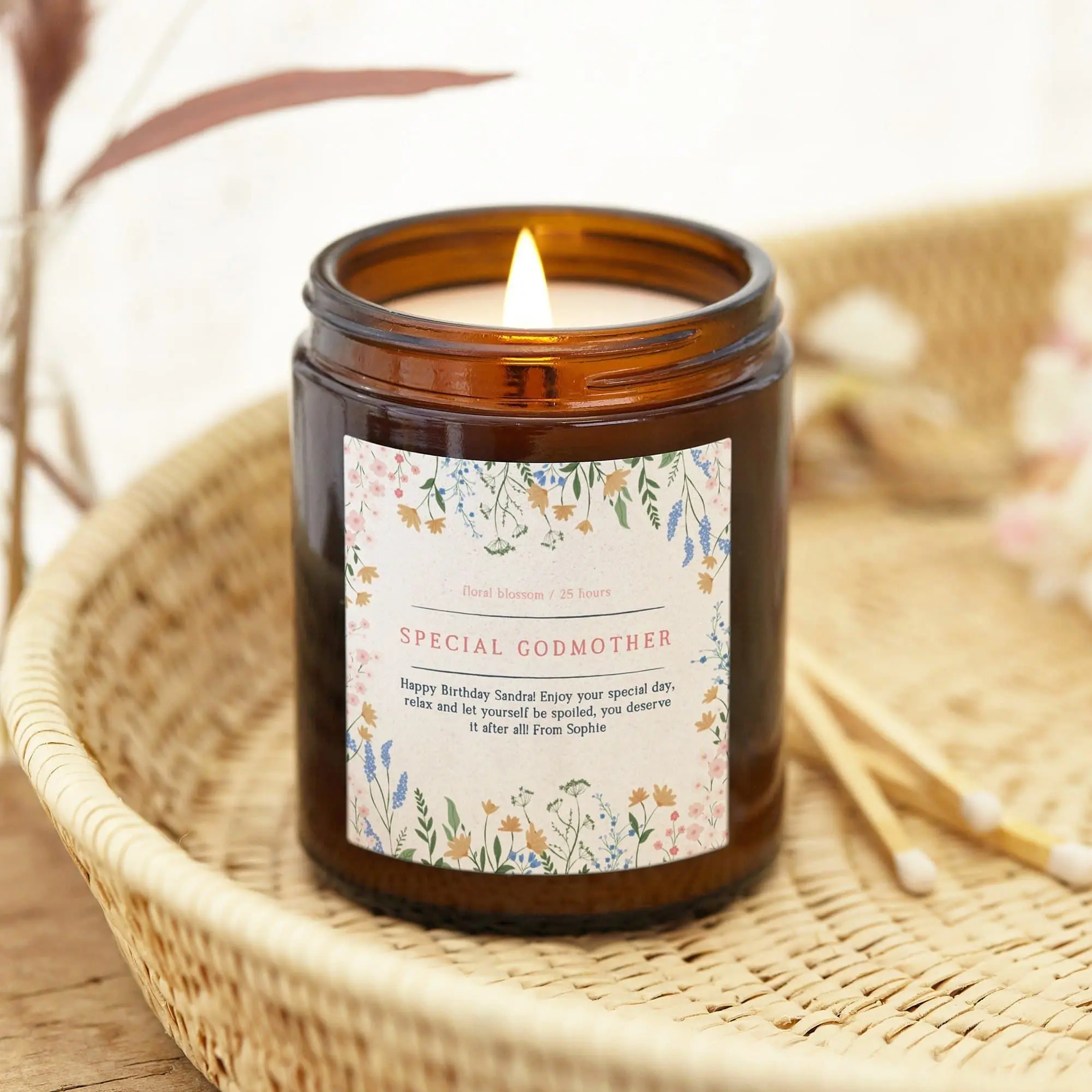 Godmother Gift - Gift For Godmother Personalised Scented Candle - Colourful Floral Candle