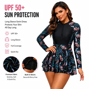 Women's Long Sleeve UPF 50+ Rash Guard Swim Dress - Tropical Leaf Print Bathing Suit with Skirted Bottom, Built-In Cover-Up, Casual, Colorful Fashion, Cute Swimdresses for Swimming, Beach, Bathing Suits