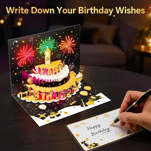3D Musical Pop-Up Birthday Card -Black Golden Office Stationery Card Stock with Cake LED Candle Lights, Colorful Lighting, Music, Birthday Party Gift for Kids