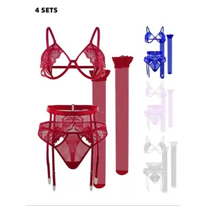Women's Lace Sexy Lingerie Set, Solid Color Bra & Thong & Garter Belt & Stocking, Elegant Comfy Breathable Lingerie Set for Women