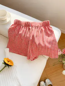Summer Women's Plaid Print Casual Shorts Bottom, Elastic Waist Loose-Fitting, Fashionable Short Pants for Daily Wear at Home, Womenswear