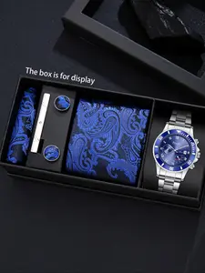 6pcs Business Men's Quartz Watch Set, Includes Tie, Handkerchief, Cufflinks, Tie Clip, Perfect Gift for Holidays, Comes with Box