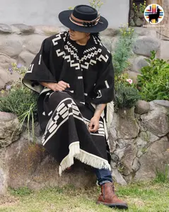 Handmade Alpaca Poncho - Geometric Design, Featuring Multiple Skull Patterns, Casual Style, Ideal for Layering