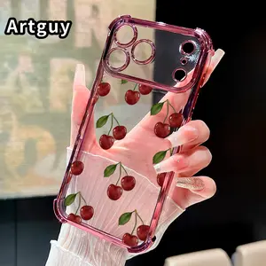 Cherry Delight Pattern  Four Corner Anti-Fall Phone Case Transparent Electroplated Protective Cover for iPhone 17 Pro Max Air 16 15 Plus 14 13 12 11 E
