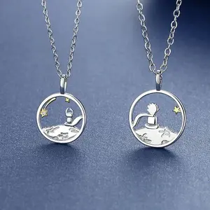 Stainless Steel Cartoon Prince & Little Fox Pendant Necklace, 2026 Trending Korean Fashion Couple Chain Jewelry Necklaces for Women
