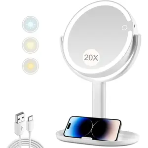 Makeup Mirror with Lights,20X Magnifying Mirror with Touch Switch,Vanity Mirror with 3 Color Light and 80 LEDs,2-Sided Lighted Magnified Mirror 8.8 Inches
