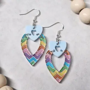 2 Hearts Acrylic Dangle Earring with Rainbow Chevron Design and Blue Heart Cutout for Stylish Accessory