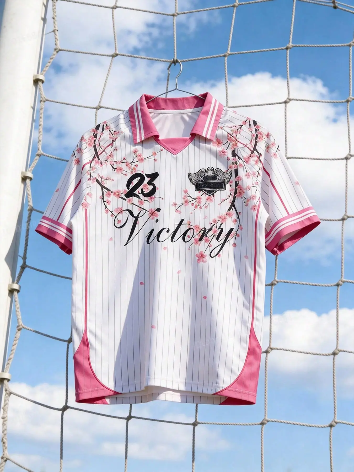 Men's Retro Sakura Print Soccer Throwback Jersey, Pink White Striped V-Neck Short Sleeve Football Shirt, Streetwear Victory #23 Loose Sports Top For Casual & Athletic Wear, Athletic Active Tops