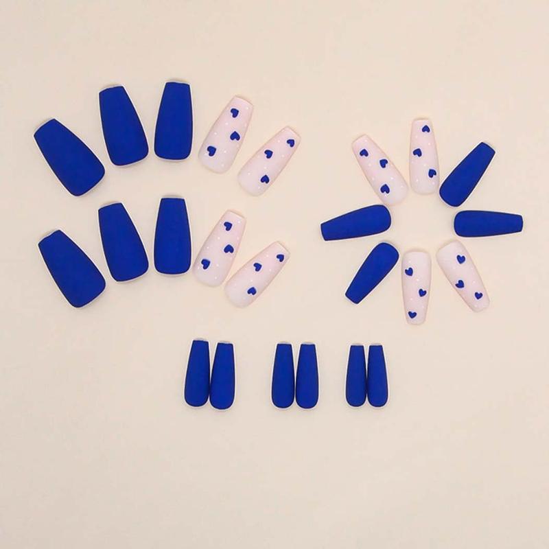Long Fake Nails with Hearts Design Blue Nails Matte for Women 24 PCs/Set