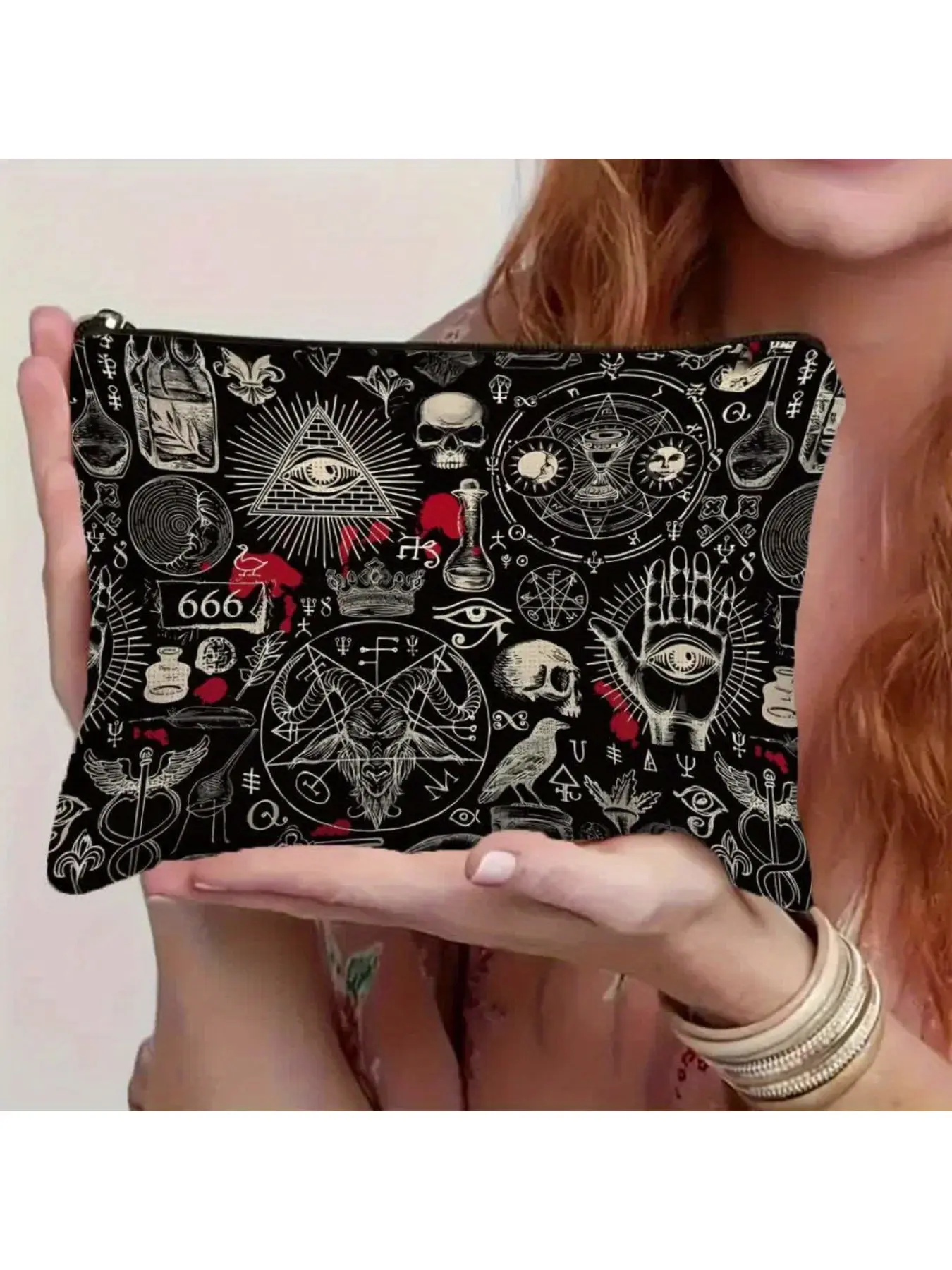 A Gothic-Style Black Makeup Bag Adorned with Skulls, Pentagrams, And Potion Designs, Suitable As a Wallet, Zipper Wristlet Purse, Clutch Purse, Storage Pouch, Multi Functional Wristlet, Making It an Ideal Gift for Halloween And Gothic Women