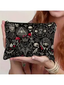 A Gothic-Style Black Makeup Bag Adorned with Skulls, Pentagrams, And Potion Designs, Suitable for Use As a Wallet Or Storage Pouch, Making It an Ideal Gift for Halloween And Gothic Women