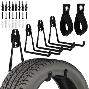 4 Pack Garage Hooks Heavy Duty Wall Mount Storage Hooks with 2 Extension Cord Straps Bicycle Hooks for Hanging Tools Ladders Hoses