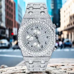 Men's 43mm Luxury Iced Out Watch with Fully Iced Band - Quartz Movement, Octagon Bezel, Arabic Dial - Diamond-Encrusted Timepiece