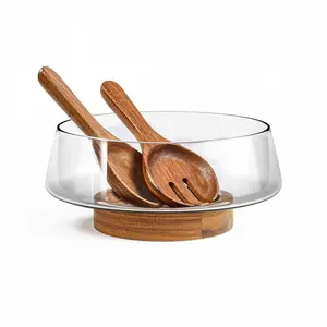 KITEISCAT Extra Large Glass Salad Bowl Set - Salad Bowls for Party with Acacia Wood Base and Salad Serving Utensils - Elegant and Practical Kitchen Must-Have Cutlery Sturdy