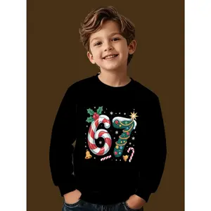 ' 67 Number & Christmas Print Sweatshirt - Boys & Girls 67th or 67th Day of Christmas Outfit, Candy Cane & Number 67 Logo Design, Machine Washable Round Neck Sweater for Boys and Girls (Age 6-7)