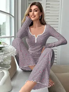 Women's Sexy Deep V Neck Print Pajama Set, Slim Fit Long Sleeve Button-Up Top & Pants, Fashionable Sleepwear Loungewear for Ladies