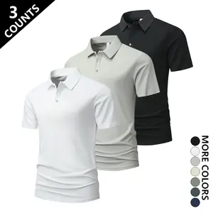 Solid-color polo shirt with a turn-down collar, 3-piece mixed pack. Breathable, quick-drying golf casual shirt featuring lightweight, stretchy polyester and button design. Suitable for summer office wear, boat outings, and everyday outfits. Comfortable sh