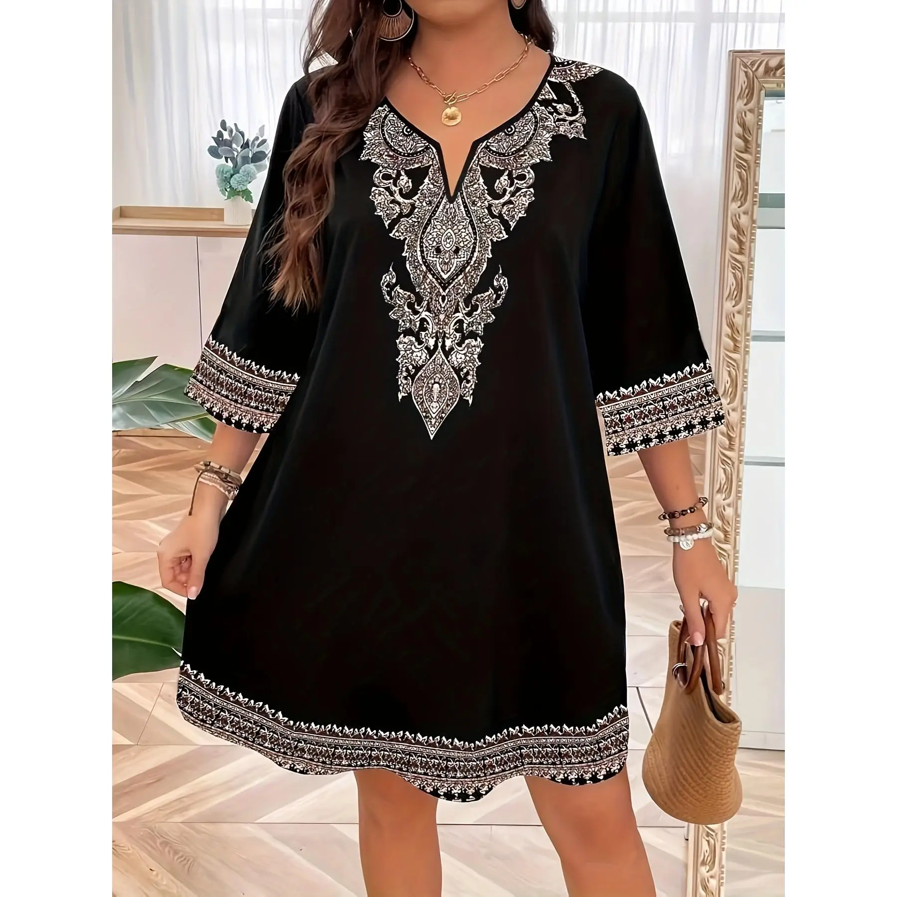 Plus Size Ethnic Print 3/4 Sleeve Dress, Elegant Notched Neck Above Knee Dress For Spring & Summer, Women's Plus Size Clothing