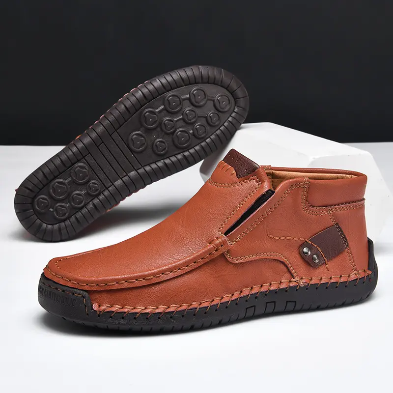 Men's Black Casual Leather Boots - Slip-on ankle boots with side Velcro straps, contrast leather trim, non-slip rubber sole and shock-absorbing insole for everyday and office use Boy Walking Shoes