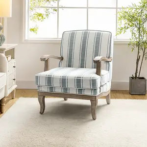 HULALA HOME Romantic Upholstered Stripes Armchair with Solid Wood Armrests, Comfortable Backrest, Cushion, Graceful Curved Feet & Foot Pads