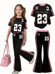 Teen Girls Casual Set, New York Series, Number 23 Striped Pattern, Loose Fit, Short Sleeve T-Shirt & Bell Bottoms, Summer Style, Casual Outfit Set, Casual Fashion Set, Summer Outfits Set