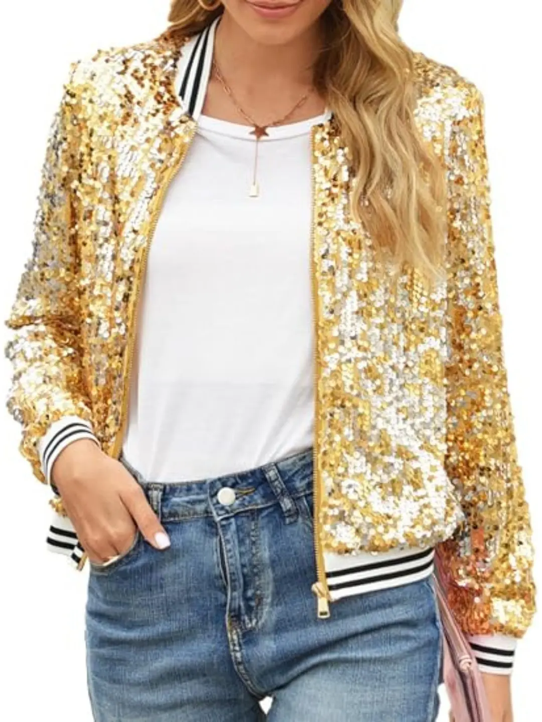 Women's Sequin Jackets Shiny Disco 70s/80s Sparkly Bomber Jacket Casual Long Sleeve Mardi Gras Party Outfit